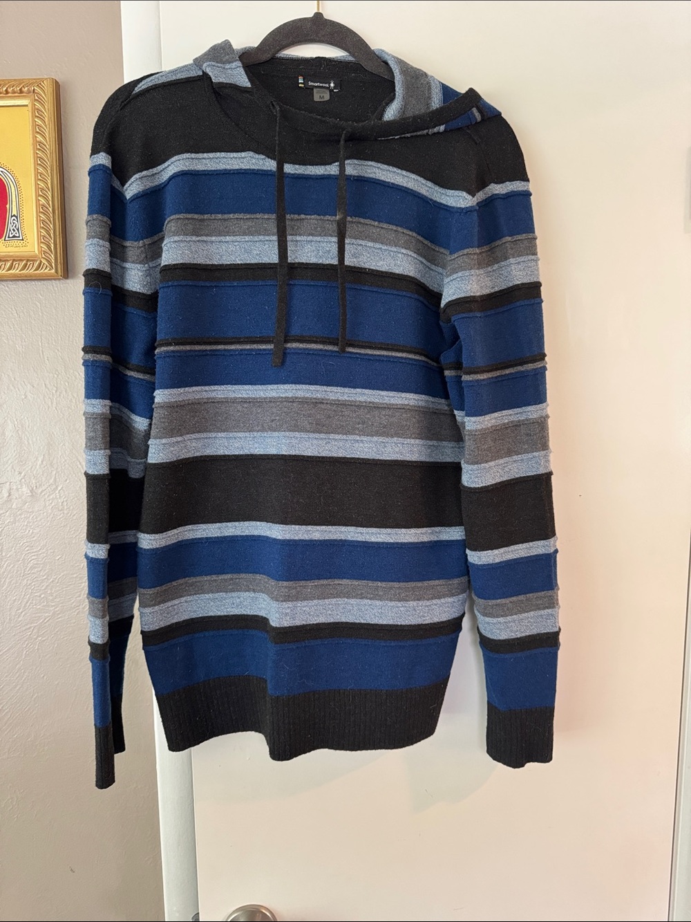 Men's Smartwool Striped Hooded merino wool Sweater - Blue & Gray Sz M